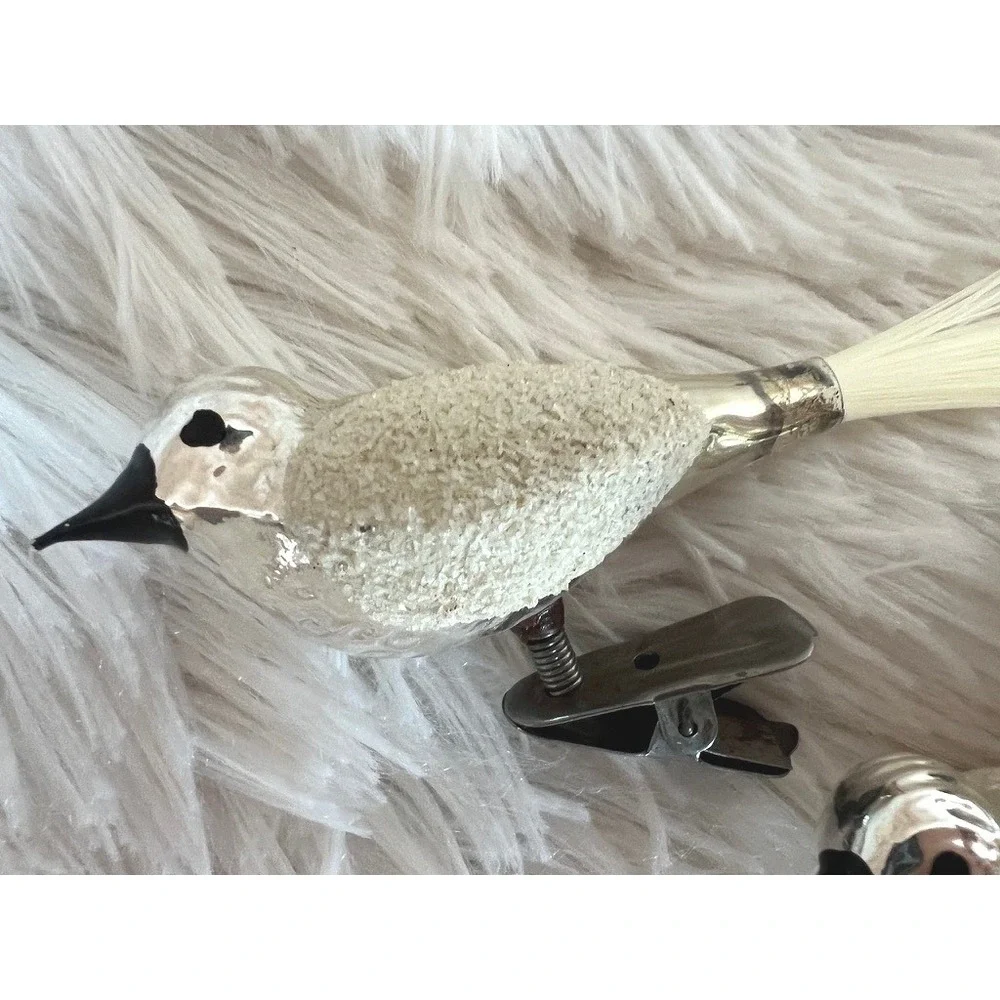 Vintage Mercury Glass Clip On Bird Ornaments White Flocked Christmas Decor Set 3